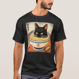 ラーメン丼の中の黒猫 リバープリント 日本 Tシャツ