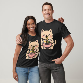 ラーメン丼を楽しむ猫 Tシャツ