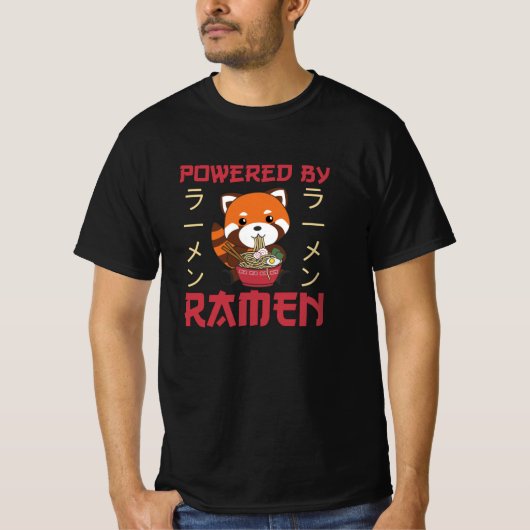 ラーメン力かわいい赤いパンダ食べラーメン Tシャツ (正面)