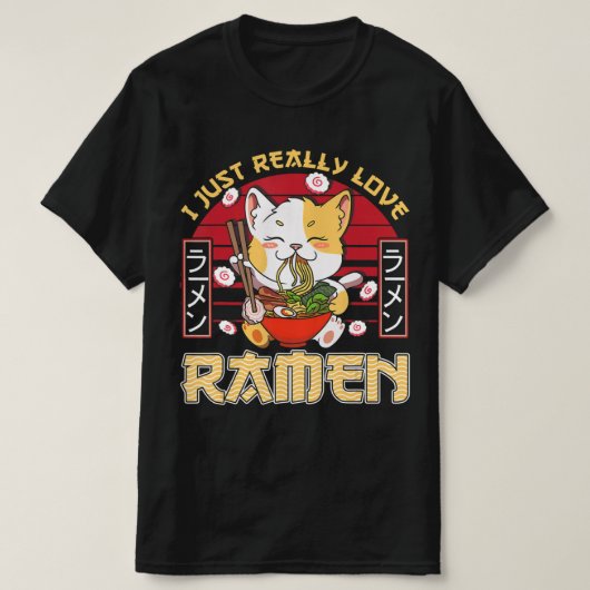 ラーメン大好きかわいいアニメ猫ラーメンgi tシャツ (デザイン正面)