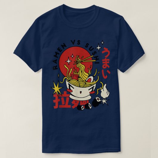 ラーメン対すしカッコいいグルメ Tシャツ (デザイン正面)