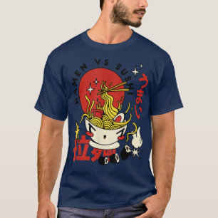 ラーメン対すしカッコいいグルメ Tシャツ
