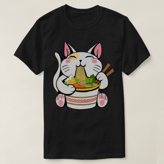 ラーメン日本のかわいい猫アニメ Tシャツ (デザイン正面)