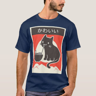 ラーメン日本の猫かわいいヴィンテージスタイル Tシャツ