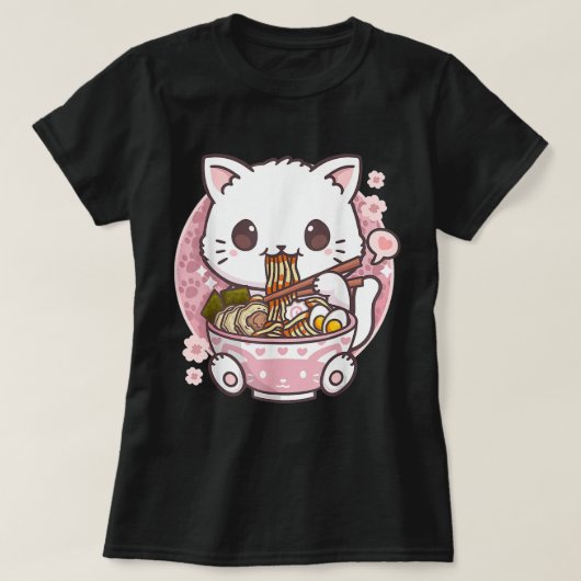 ラーメン猫かわいいアニメラーメン猫猫好きかわいい Tシャツ (デザイン正面)