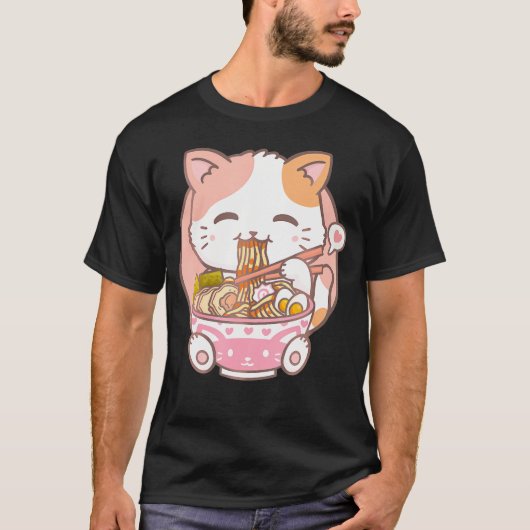ラーメン猫かわいいアニメ猫ラーメン恋人かわいい寧子 Tシャツ (正面)