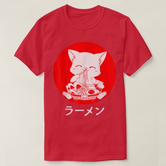 ラーメン猫かわいい日本のアニメ食べ物男の子 Tシャツ (デザイン正面)