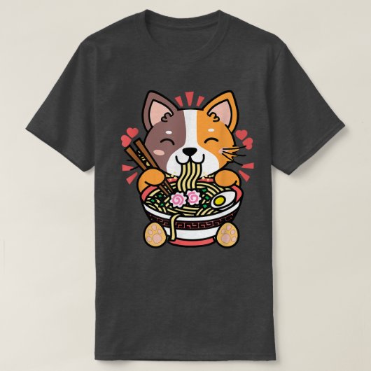 ラーメン猫かわいい日本の女の子のためのアニメ食品ギフト Tシャツ (デザイン正面)