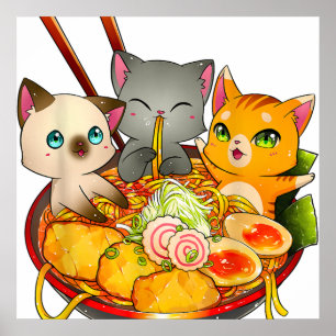 ラーメン猫かわいい猫アニメオタク日本の猫 ポスター