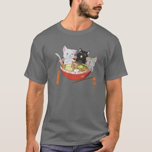 ラーメン猫かわいい猫アニメ猫日本の麺 Tシャツ (正面)