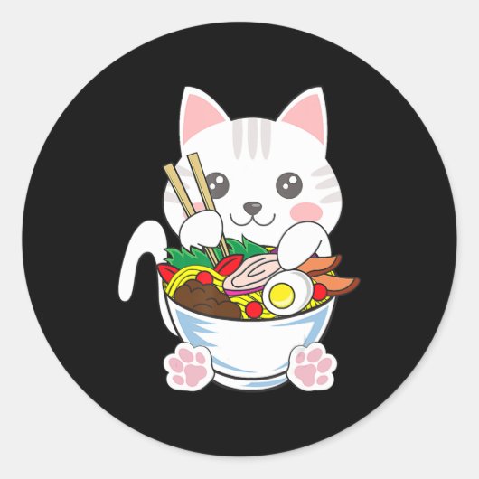 ラーメン猫アニオンボウルかわいい日本の猫フードギル ラウンドシール (正面)