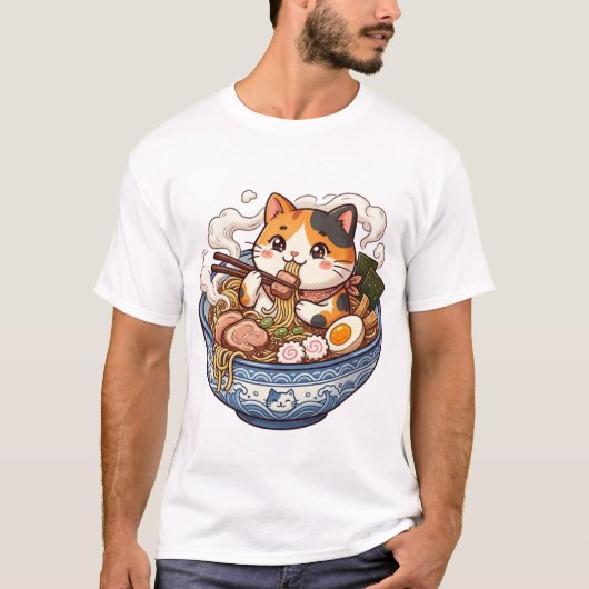 ラーメン猫アニメかわいいイラストTシャツデザイン Tシャツ (正面)