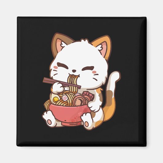 ラーメン猫アニメかわいい猫食べラーメン マグネット (正面)