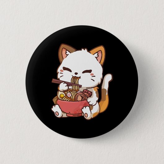 ラーメン猫アニメかわいい猫食べラーメン 缶バッジ (正面)