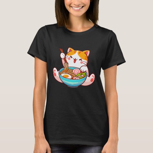 ラーメン猫アニメかわいい猫食べラーメン Tシャツ (正面)