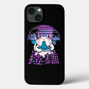 ラーメン猫アニメレトロウェーブサンセット80s美術 iPhone 13ケース