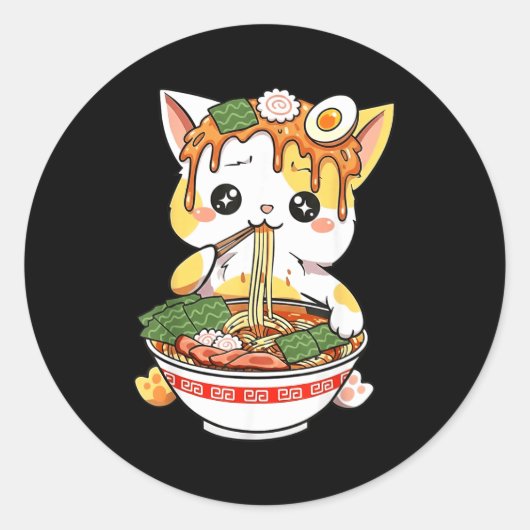 ラーメン猫デザイン かわいいスタイル 面白い日本アニメ ラウンドシール (正面)