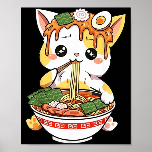 ラーメン猫デザイン かわいいスタイル 面白い 日本のアニメ ポスター (正面)