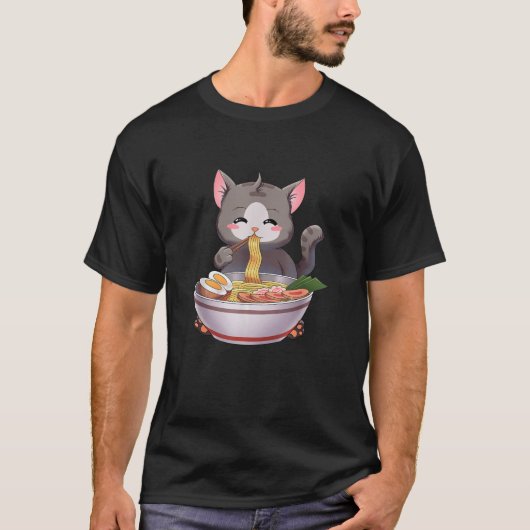 ラーメン猫日本のかわいいアニメ Tシャツ (正面)