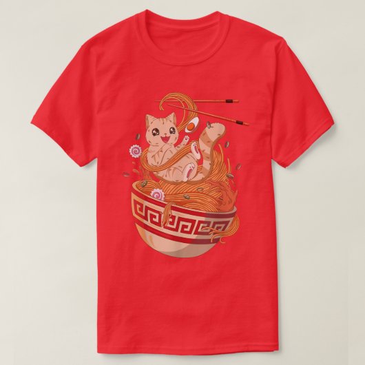 ラーメン猫日本のアニメ麺美学かわいい Tシャツ (デザイン正面)