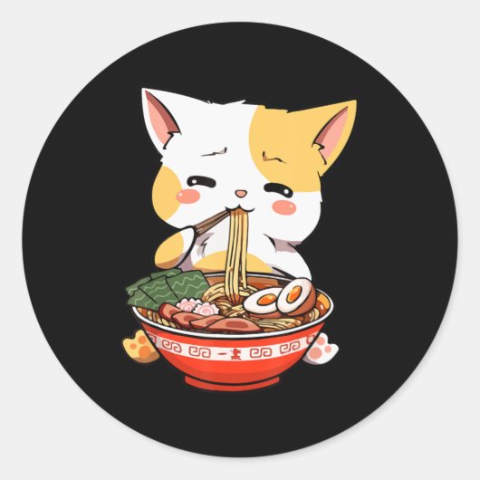 ラーメン猫食べかわいいアニメマーチギフトG ラウンドシール (正面)
