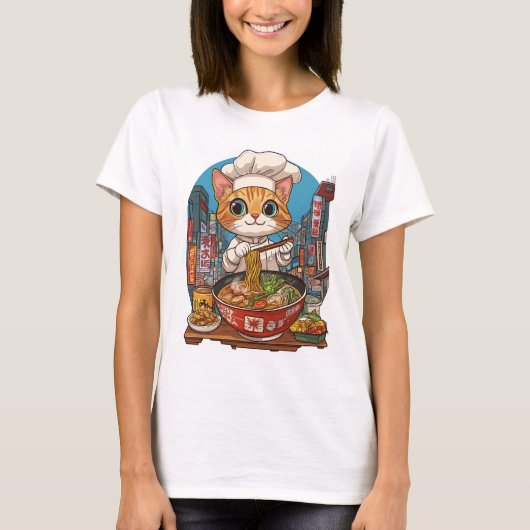 ラーメン猫 おもしろい猫シェフ アニメフード Tシャツ (正面)