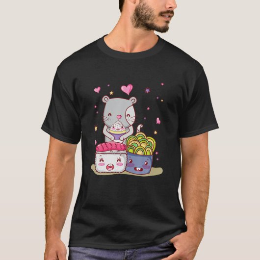 ラーメン猫Tかわいいアニメ日本のギフト寿司 Tシャツ (正面)