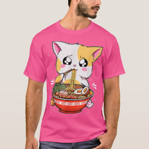 ラーメン食べの猫かわいいアニメBAKA 日本の Tシャツ