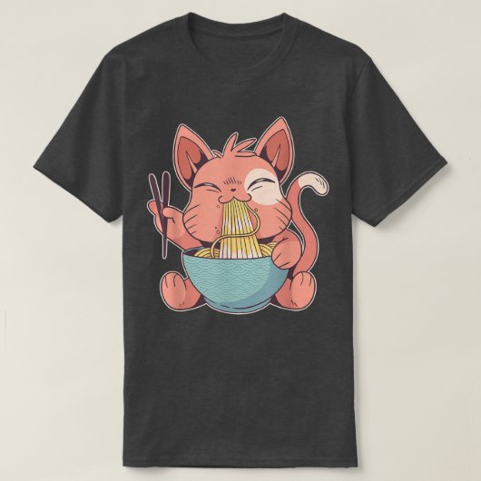 ラーメン食べ物を与えスのかわいい猫パスタ Tシャツ (デザイン正面)