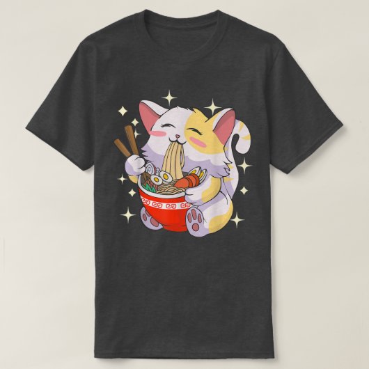 ラーメン食べ猫ラーメン日本のフードアニメティー Tシャツ (デザイン正面)