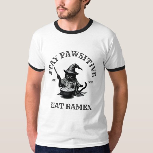 ラーメン魔法使い猫 - 魔法のフードイ・アニメアート Tシャツ (正面)