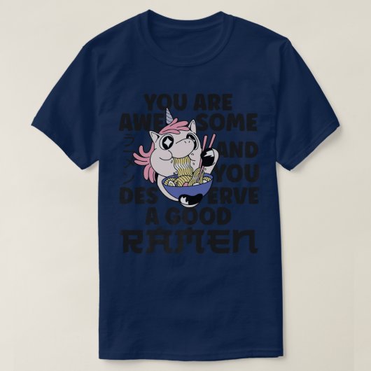ラーメン麺ボウル大好き日本のかわいいユニコーン Tシャツ (デザイン正面)