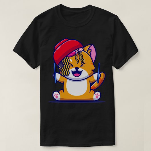 ラーメン麺入り可愛い猫と箸置き Tシャツ (デザイン正面)
