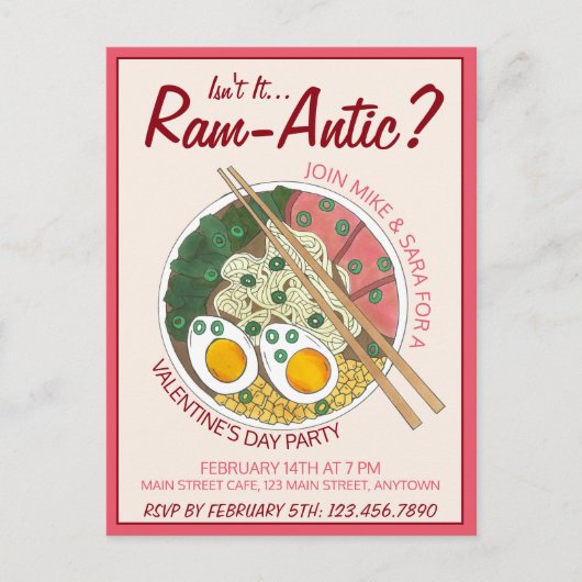 ラーメン・ロマンティック バレンタインデーのラーメン インビテーションポストカード (正面)