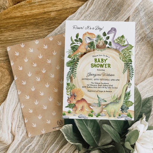 ラー!水彩恐竜の赤ちゃんシャワーボーイ 招待状