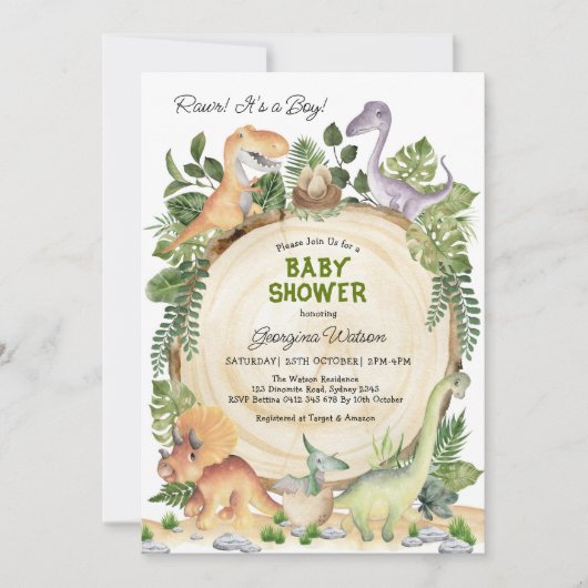 ラー!水彩恐竜の赤ちゃんシャワーボーイ 招待状 (正面)