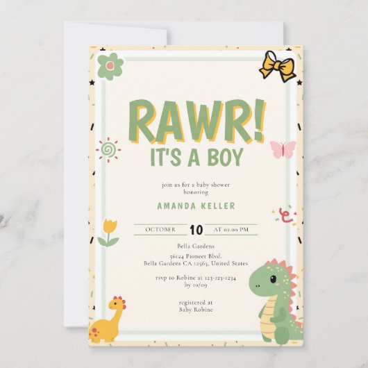 ラー!男の子 – かわいい恐竜の赤ちゃんシャワー 招待状 (正面)