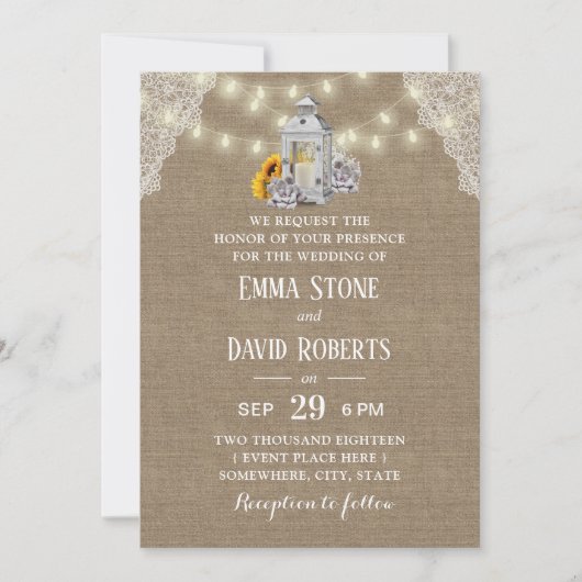 ラ素朴ンタン&ストリング·ライト·バーラ結婚ップズ 招待状 (正面)