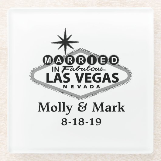 ラ結婚したスベガスパーソナライズされた結婚式の引き出物 ガラスコースター (正面)