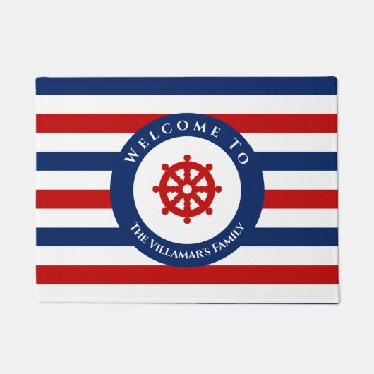 ラ航海のダーネービーブルーレッドホワイトストライプ ドアマット (正面)