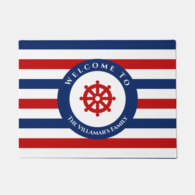 ラ航海のダーネービーブルーレッドホワイトストライプ ドアマット (正面)