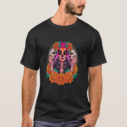 ラ・カトリーナ ドクロ 花 死者の日 Tシャツ (正面)