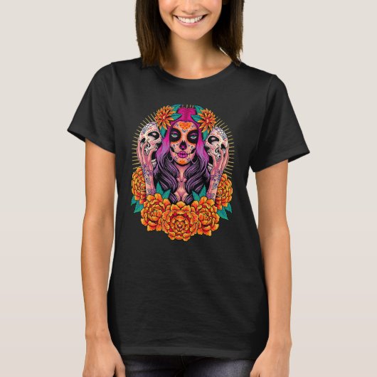 ラ・カトリーナ ドクロ 花 死者の日 Tシャツ (正面)