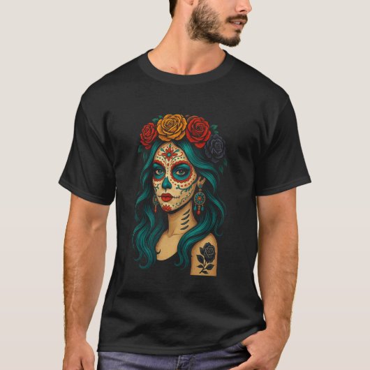 ラ・カトリーナ 死者の日 デ・ロス・ムエルトス 女性 スカジャン Tシャツ (正面)