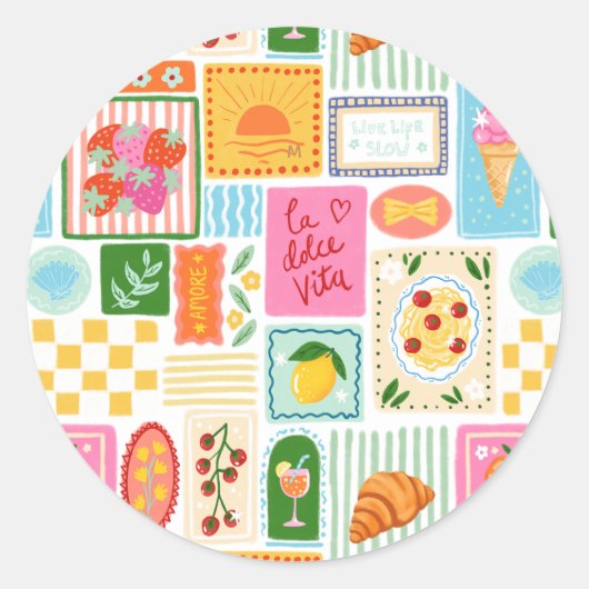ラ・ドルチェ・ヴィータ イタリア フランス カラフル オーダーメイド ラウンドシール (正面)