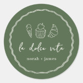 「ラ・ドルチェ・ヴィータ」手書きのウェディングシャワーデザイン ラウンドシール (正面)