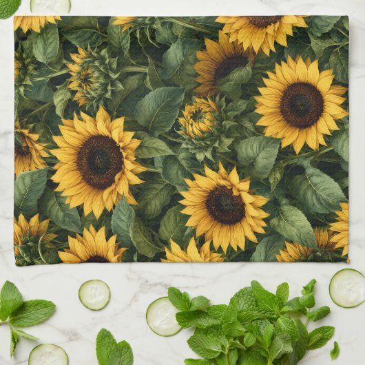 リアリスティックなひまわりの植物画 キッチンタオル (折り畳み)