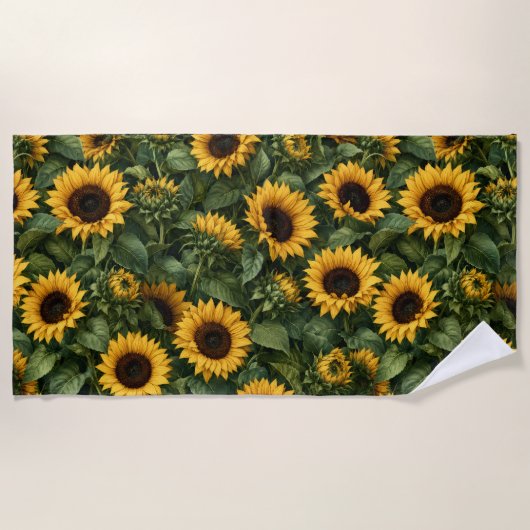 リアリスティックなひまわりの植物画 ビーチタオル (正面)