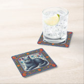 リアリスティックなロシアンブルーの猫 カラフルな花のフレーム スクエアペーパーコースター (インサイチュ)