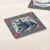 リアリスティックなロシアンブルーの猫 カラフルな花のフレーム スクエアペーパーコースター (アングル)